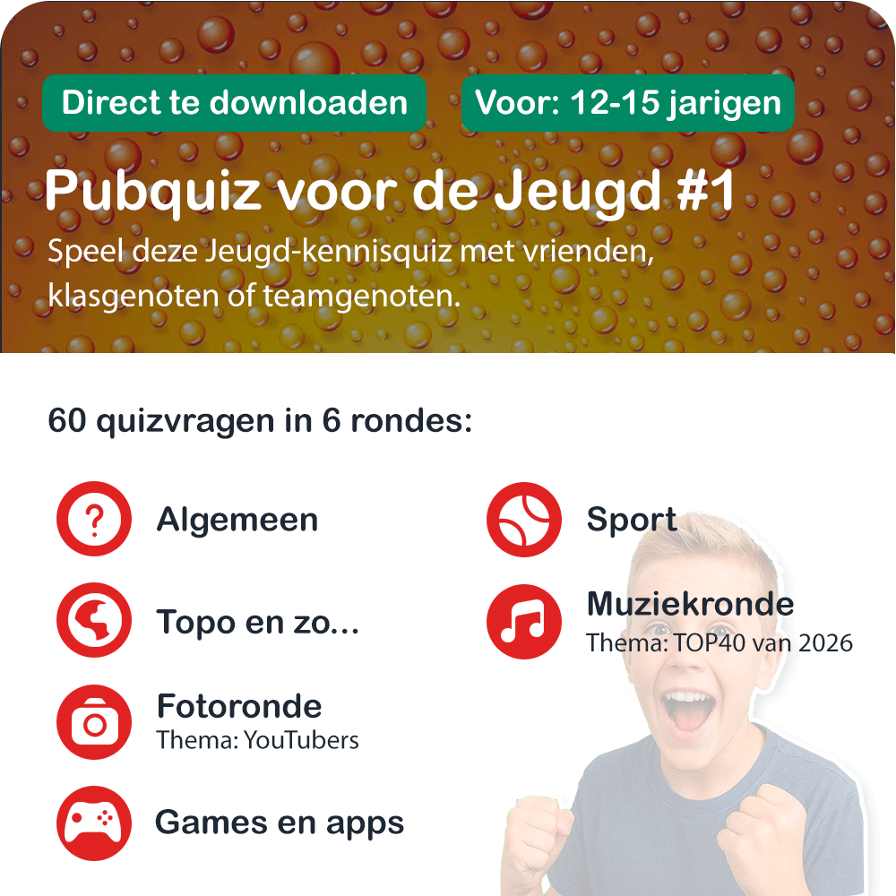 Pubquiz voor de jeugd (12 - 15 jaar) - Nr. 1 (2026 editie) - Pubquizshop.nl