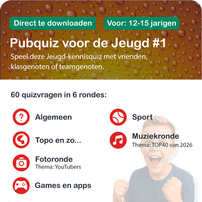 Pubquiz voor de jeugd (12 - 15 jaar) - Nr. 1 (2026 editie) - Pubquizshop.nl